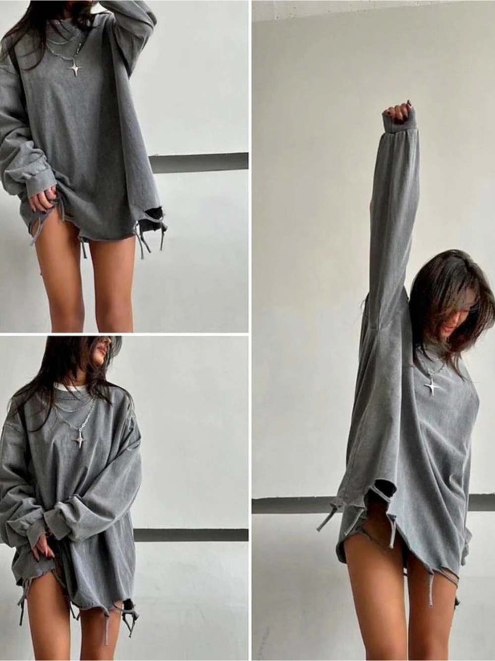 Oversized Distressed Gray Sweatshirt